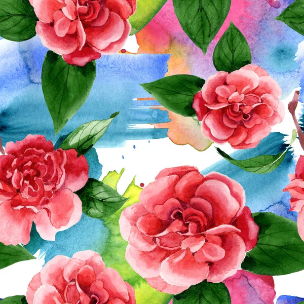 Flores Camelia Rosa Con Hojas Verdes Juego Ilustración Acuarela Patrón — Foto de Stock