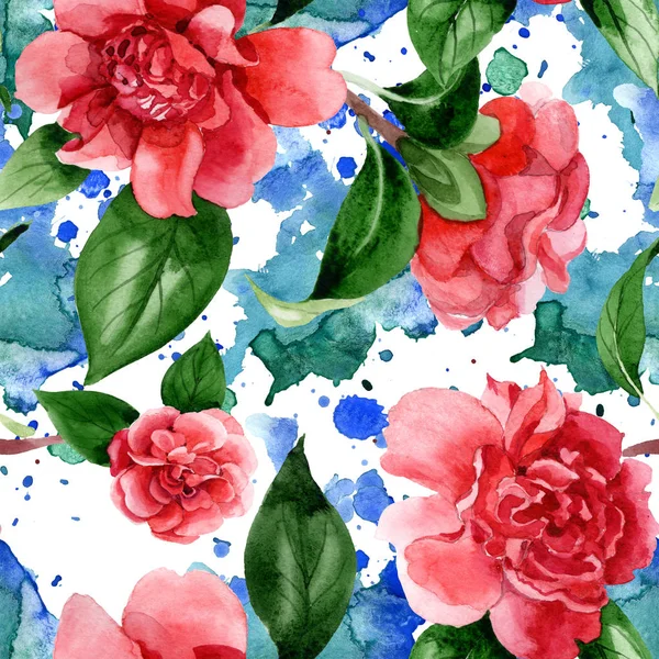 粉红色的山茶花与绿叶 水彩插图集 无缝背景模式 — 图库照片