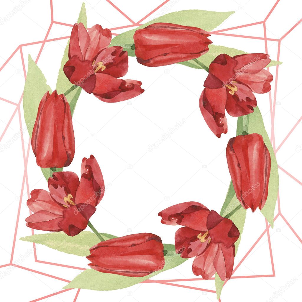 Wreath of red tulips with green leaves illustration isolated on white. Frame ornament with copy space.