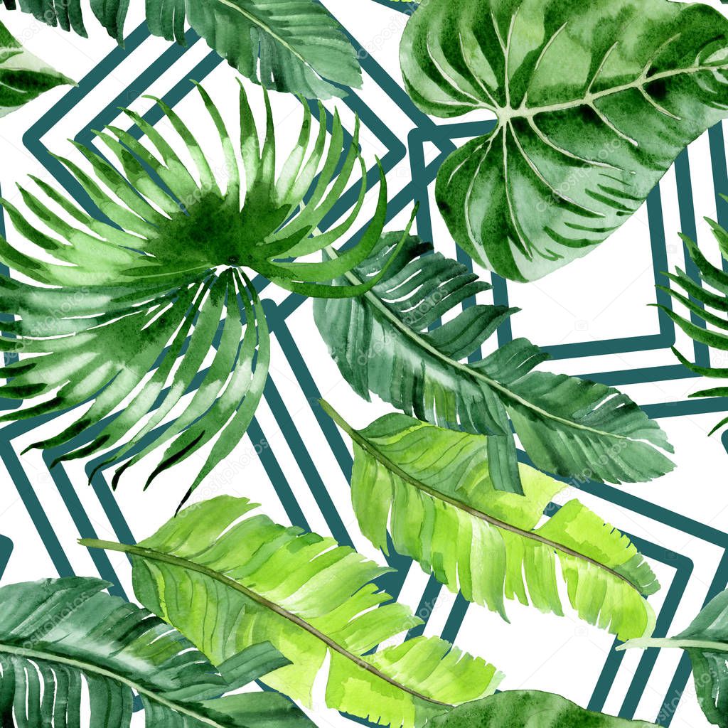 Exotic tropical hawaiian palm tree leaves. Watercolor background illustration set. Seamless background pattern. 