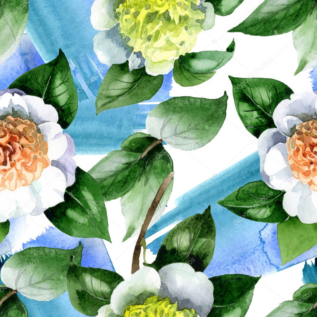 White camellia flowers with green leaves watercolor illustration set. Seamless background pattern.