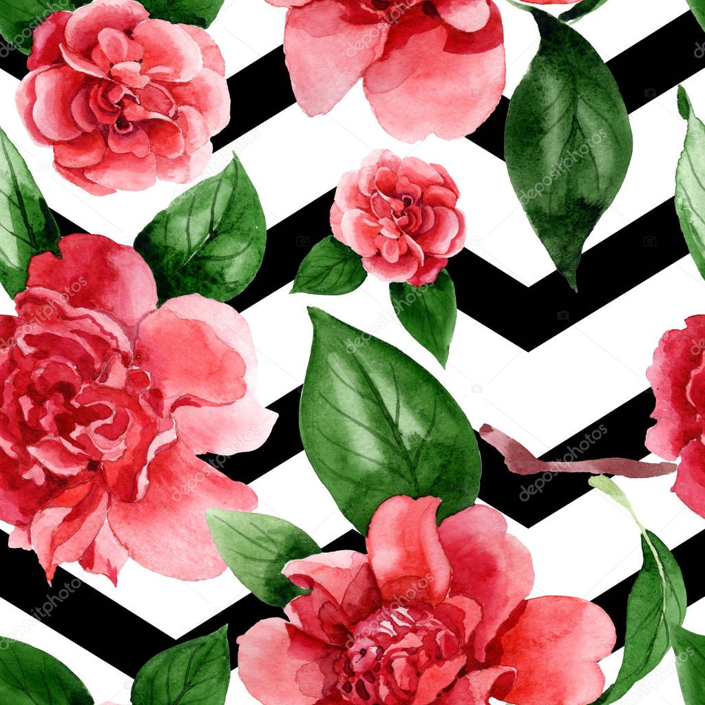 Pink camellia flowers with green leaves. Watercolor illustration set. Seamless background pattern. 