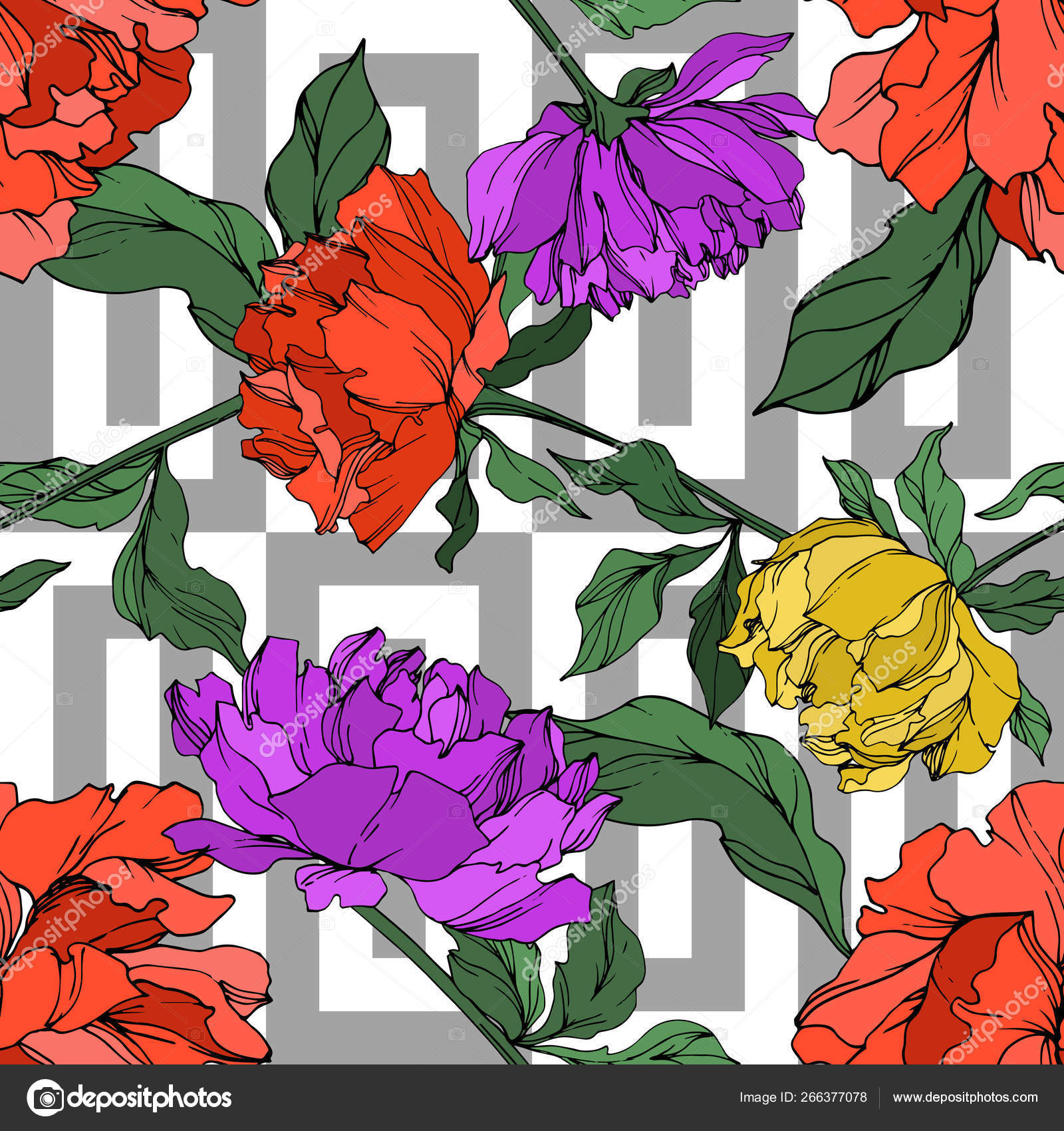 Vector Multicolored Peonies Leaves Isolated White Seamless Background ...