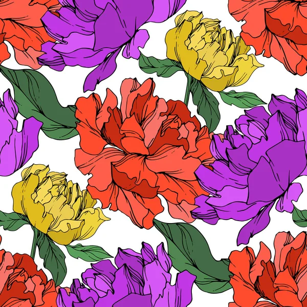 Vector Multicolored Peonies Leaves Isolated White Seamless Background Pattern — Stock Vector