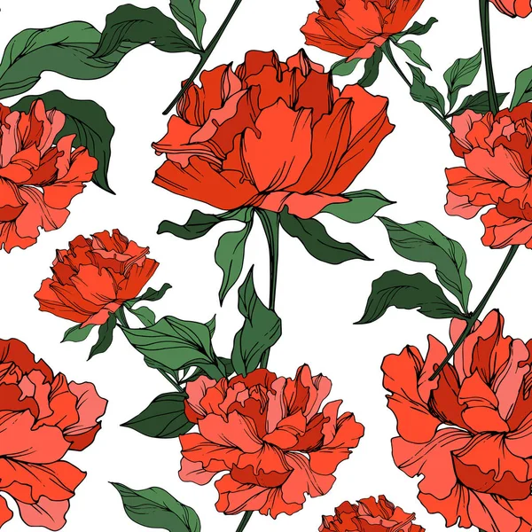 Vector Red Peonies Leaves Isolated White Seamless Background Pattern — Stock Vector