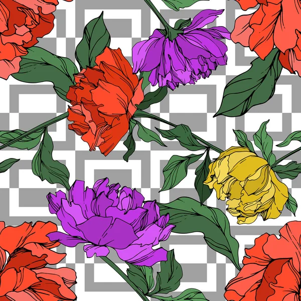Vector Multicolored Peonies Leaves Isolated White Seamless Background Pattern — Stock Vector