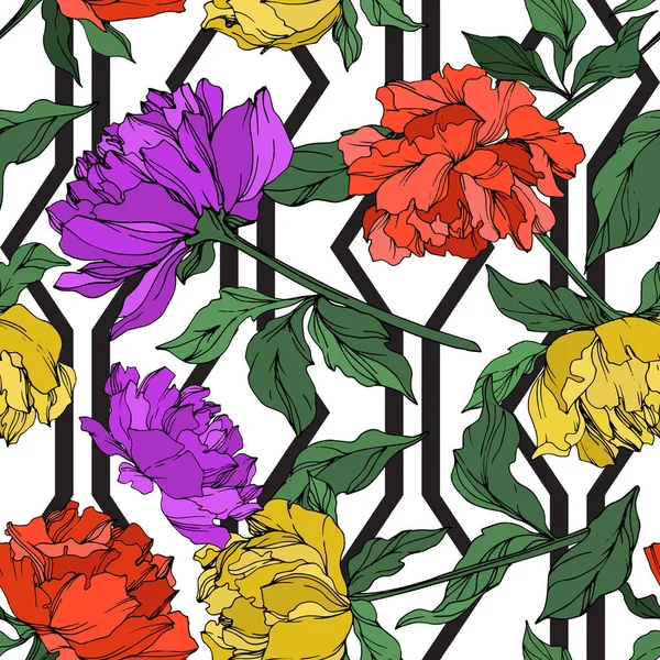 Векторные Разноцветные Пионы Листьями Изолированными Белом Бесшовный Рисунок Фона — стоковый вектор