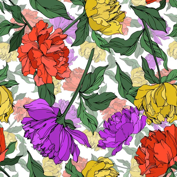 Vector Multicolored Peonies Leaves Isolated White Seamless Background Pattern — Stock Vector