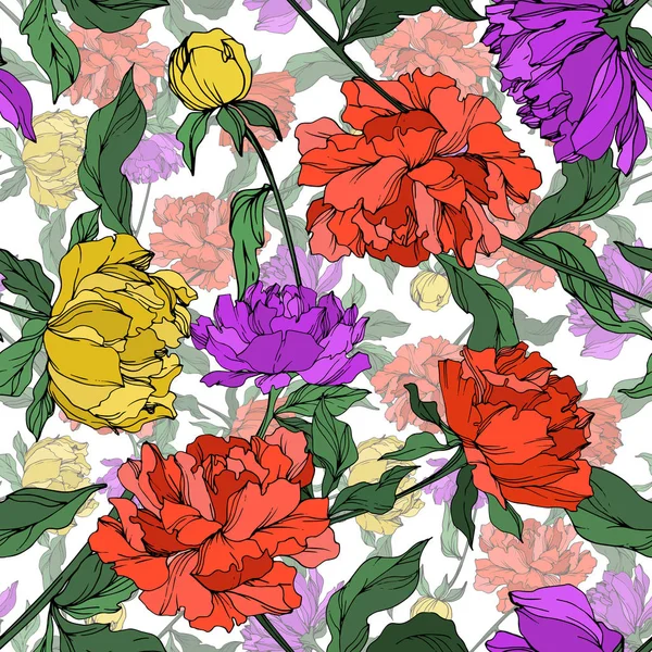 Vector Multicolored Peonies Leaves Isolated White Seamless Background Pattern — Stock Vector