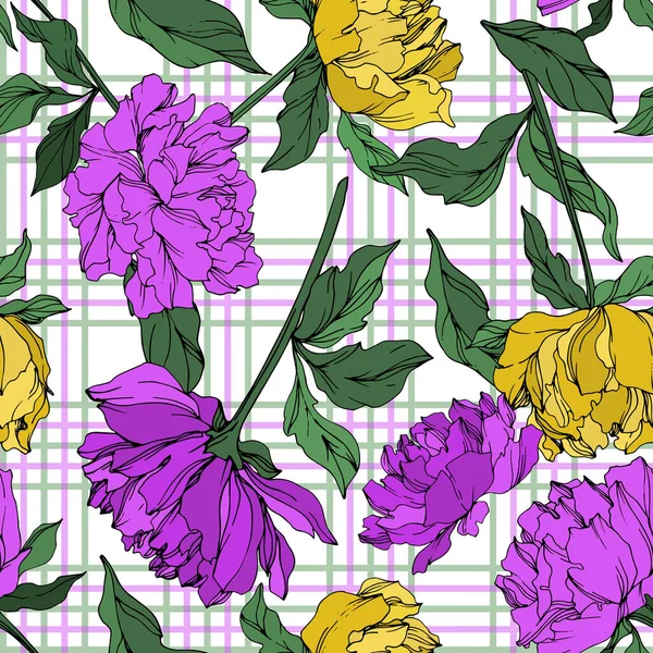 Vector Multicolored Peonies Leaves Plaid Background Seamless Background Pattern — Stock Vector