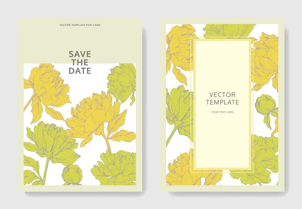Invitation Cards Templates Lettering Vector Yellow Peonies Leaves Isolated White — Stock Vector