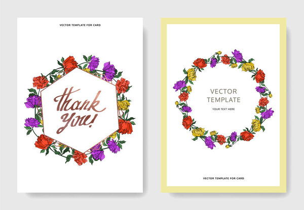 Шаблоны приглашений с буквами и векторными разноцветными пионами с листьями, изолированными на белом
. 