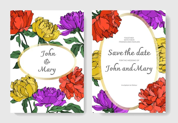 Invitation Cards Templates Lettering Vector Multicolored Peonies Leaves Isolated White — Stock Vector