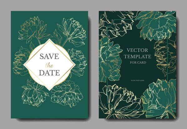 Invitation cards templates with lettering and vector peonies with leaves sketches isolated on green. 