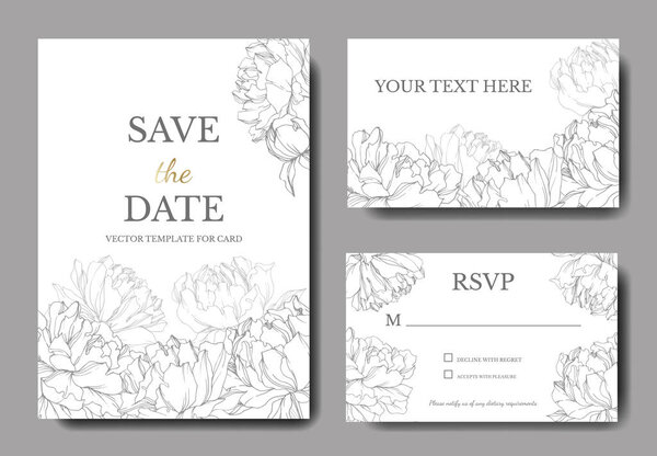 Invitation cards templates with lettering and vector black and white peonies with leaves isolated on white. 