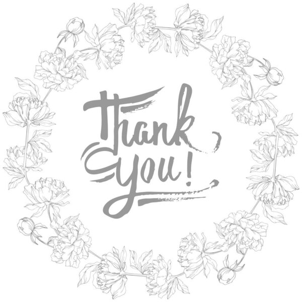 Векторные серые пионы с листьями, изолированными на белом фоне. Круглый орнамент рамы с благодарностью
.