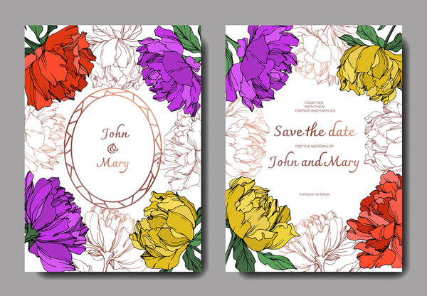 Vector multicolored peonies with leaves isolated on white. Elegant invitation cards templates with lettering.