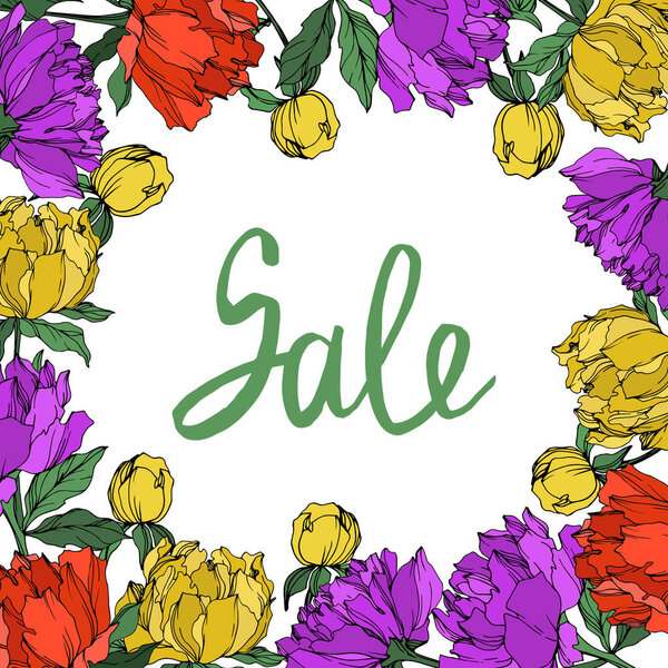 Векторные разноцветные пионы с листьями, изолированными на белом. Круглый орнамент рамы с надписью
.
