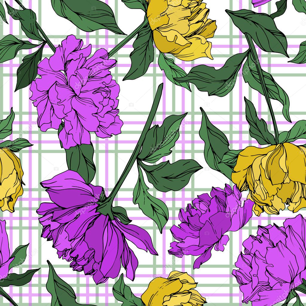 Vector multicolored peonies with leaves on plaid background. Seamless background pattern. 