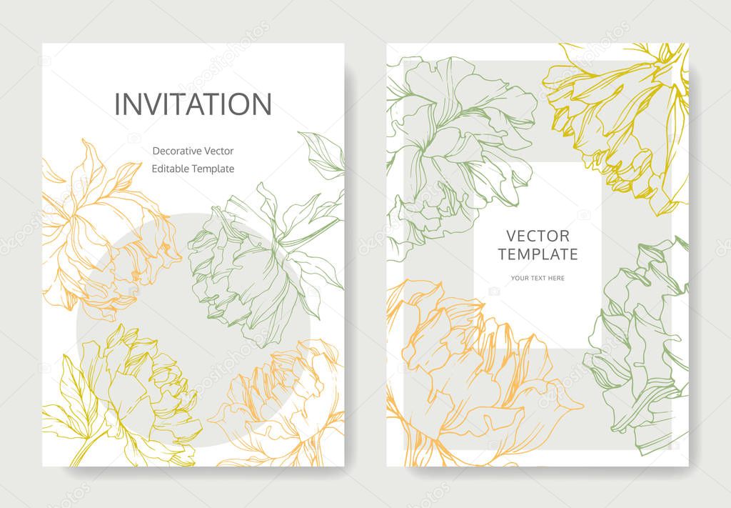 Invitation cards templates with lettering and vector peonies with leaves sketches.