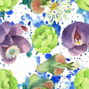 Sulu çiçek botanik çiçek. Yabani bahar yaprağı kır çiçeği. Suluboya illüstrasyon seti. Suluboya çizim moda aquarelle. Kusursuz arka plan deseni. Kumaş duvar kağıdı baskı doku.