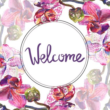 Orkide çiçek botanik çiçekleri. Suluboya arka plan illüstrasyon seti. Çerçeve kenarlık süs karesi.