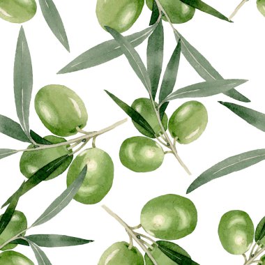 Olive branch with black and green fruit. Watercolor background illustration set. Seamless background pattern. clipart