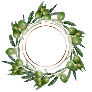 Siyah ve yeşil meyveli zeytin dalı. Suluboya arka plan illüstrasyon seti. Çerçeve kenarlık süs karesi.