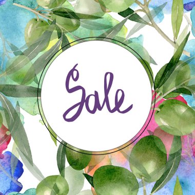 Siyah ve yeşil meyveli zeytin dalı. Suluboya arka plan illüstrasyon seti. Çerçeve kenarlık süs karesi.