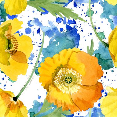 Sarı haşhaş çiçek botanik çiçekleri. Suluboya arka plan illüstrasyon seti. Kesintisiz arka plan deseni.