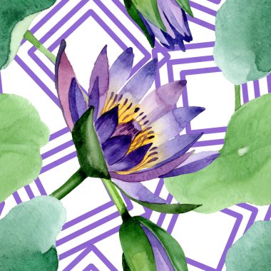 Blue lotus floral botanical flowers. Watercolor background illustration set. Seamless background pattern. clipart