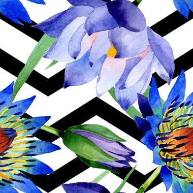 Mavi lotus çiçek botanik çiçekler. Suluboya arka plan illüstrasyon seti. Kesintisiz arka plan deseni.