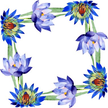 Blue lotus floral botanical flowers. Watercolor background illustration set. Frame border ornament square. clipart