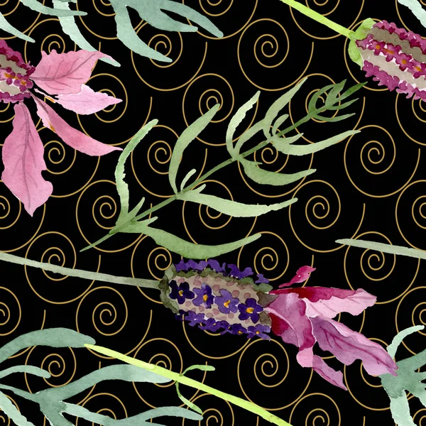 Purple lavender floral botanical flowers. Watercolor background illustration set. Seamless background pattern.