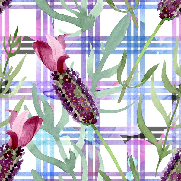 Fiori botanici floreali viola lavanda. Acquerello sfondo illustrazione set. Modello di sfondo senza soluzione di continuità . — Foto Stock