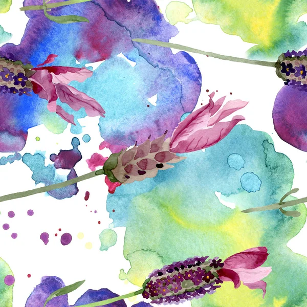 Paarse lavendel bloemen botanische bloemen. Aquarel achtergrond illustratie instellen. Naadloos achtergrond patroon. — Stockfoto