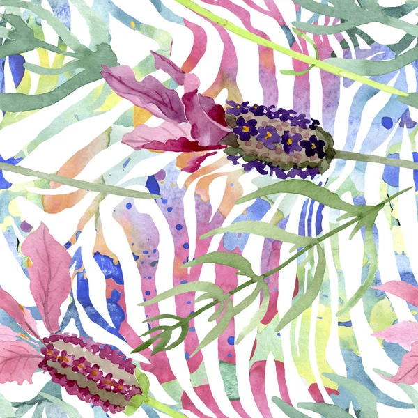 Fiori botanici floreali viola lavanda. Acquerello sfondo illustrazione set. Modello di sfondo senza soluzione di continuità . — Foto Stock