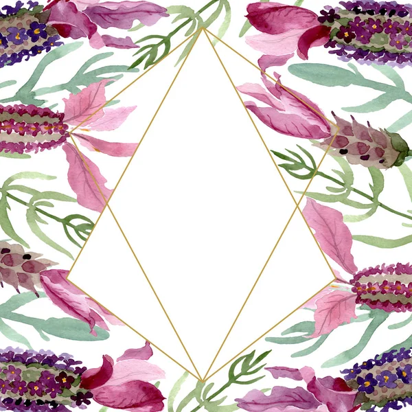 Fiori botanici floreali viola lavanda. Acquerello sfondo illustrazione set. Quadrato ornamento bordo cornice . — Foto Stock