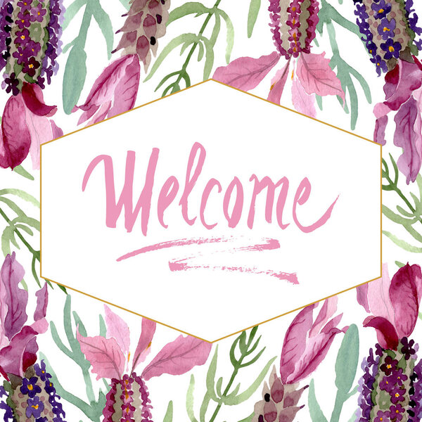 Purple lavender floral botanical flowers. Watercolor background illustration set. Frame border ornament square.