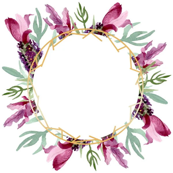 Lila lavendel blommiga botaniska blommor. Akvarell bakgrund illustration uppsättning. Ram kant prydnad kvadrat. — Stockfoto