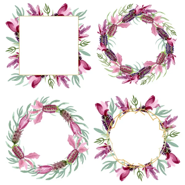 Lila Lavendel blühende botanische Blumen. Aquarell Hintergrundillustration Set. Rahmen Rand Ornament Quadrat. — Stockfoto