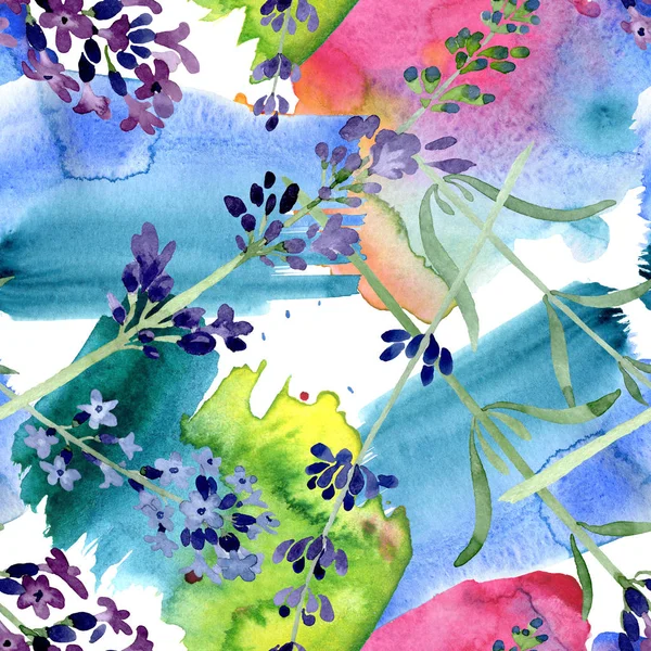 紫薰衣草花卉植物花。水彩背景插图集。无缝背景模式. — 图库照片