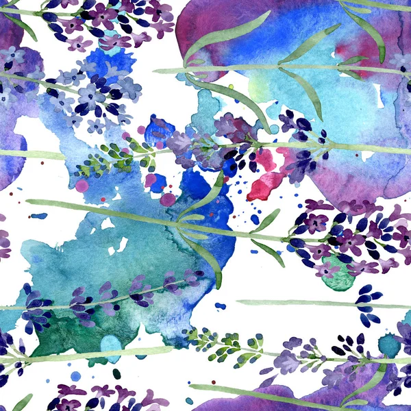 紫薰衣草花卉植物花。水彩背景插图集。无缝背景模式. — 图库照片