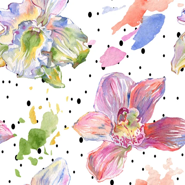 Orchidea kwiatowe kwiaty botaniczne. Akwarela zestaw ilustracji tła. Płynny wzór tła. — Zdjęcie stockowe