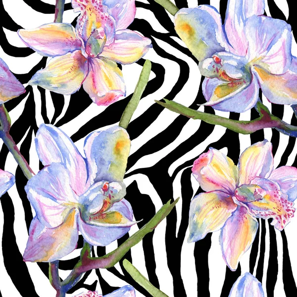 Fiori botanici floreali del Orchid. Acquerello sfondo illustrazione set. Modello di sfondo senza soluzione di continuità . — Foto Stock