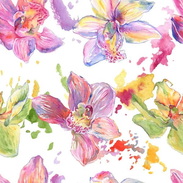 Orchid floral botanical flowers. Watercolor background illustration set. Seamless background pattern. — Stock Photo, Image