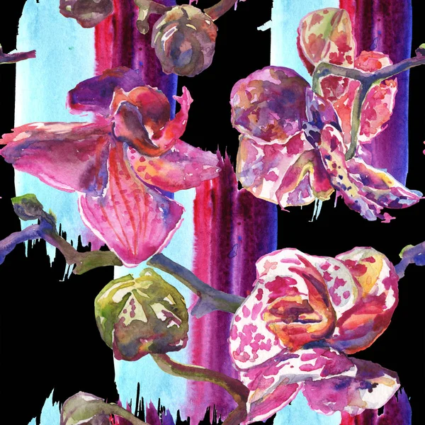 Orchidee bloemen botanische bloemen. Aquarel achtergrond illustratie instellen. Naadloos achtergrond patroon. — Stockfoto