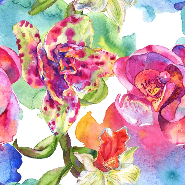 Flor botânica floral orquídea. Conjunto de ilustração de fundo aquarela. Padrão de fundo sem costura . — Fotografia de Stock