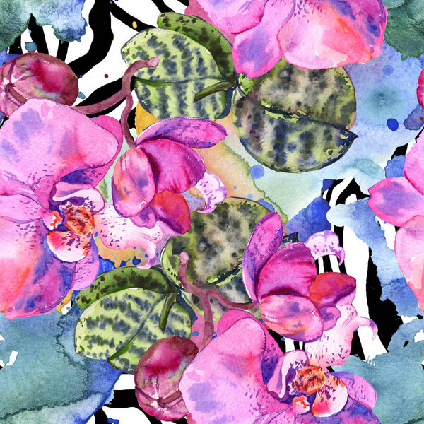 Orchid floral botanical flower. Watercolor background illustration set. Seamless background pattern.