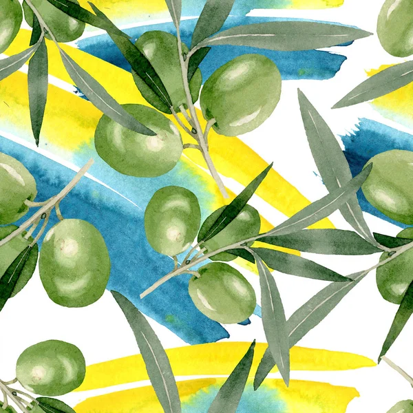 Olive branch with black and green fruit. Watercolor background illustration set. Seamless background pattern. — Stock Photo, Image